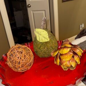 Decorative pear, ball, and artichoke Set in green and brown